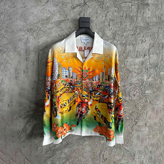 casablanca street motorcycle city print silk long sleeve shirt